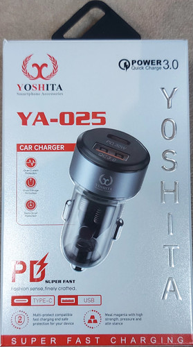 شارژر فندکی PD و فست دو پورت YOSHITA مدل YA-02۵ شیشه ای