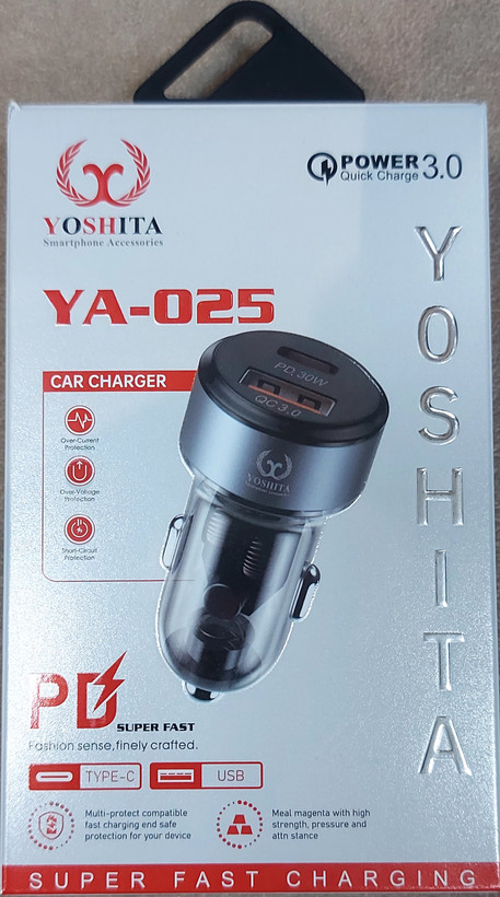 شارژر فندکی PD و فست دو پورت YOSHITA مدل YA-02۵ شیشه ای